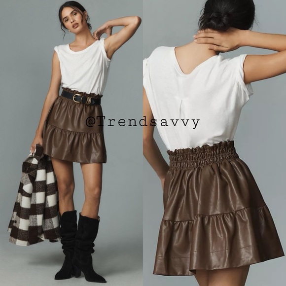 ANTHROPOLOGIE Somerset Faux Leather Collection Edition Smocked Mini Skirt L NWT - Picture 1 of 5
